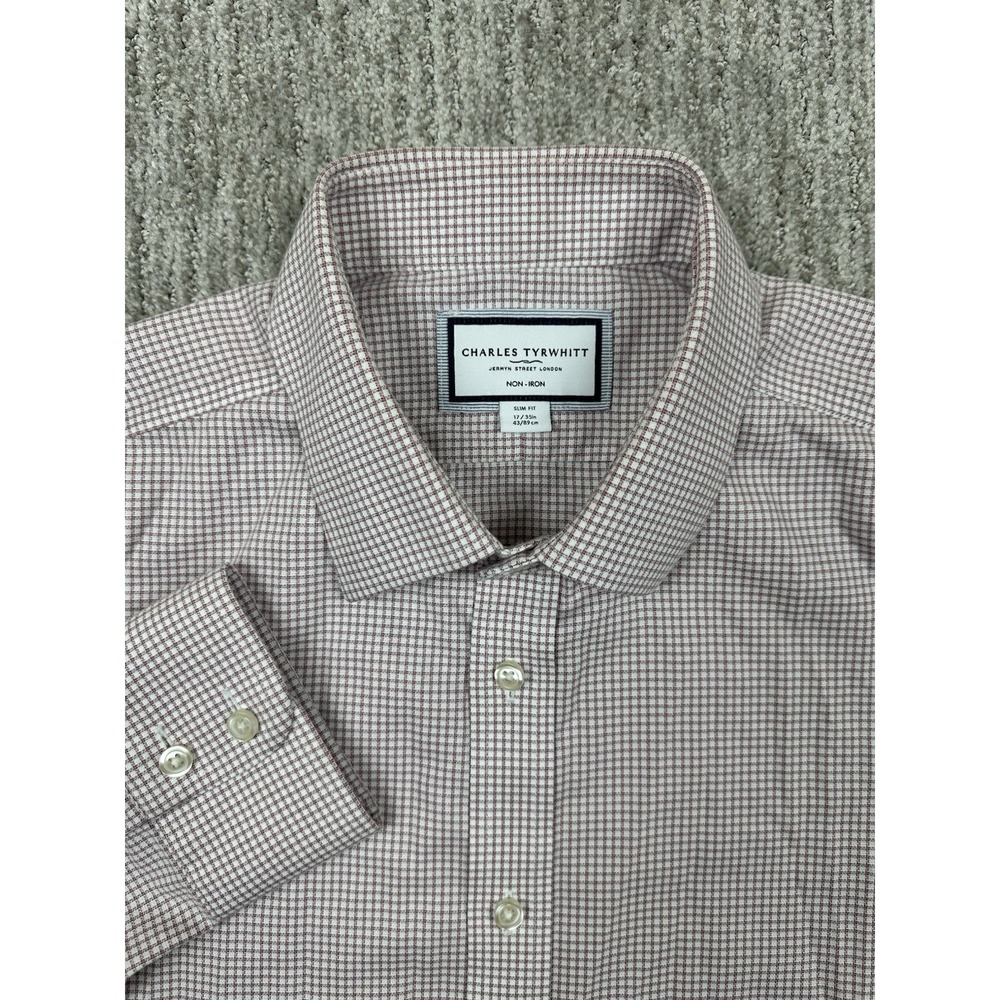 Charles Tyrwhitt Shirt Mens 17 35 Light Red Geometric Check Slim Fit Cotton